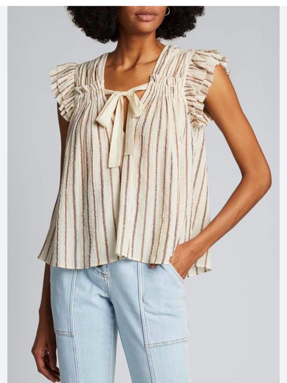 ULLA JOHNSON Bria Light Cream Striped Flutter-Sleeve Women's Top 6